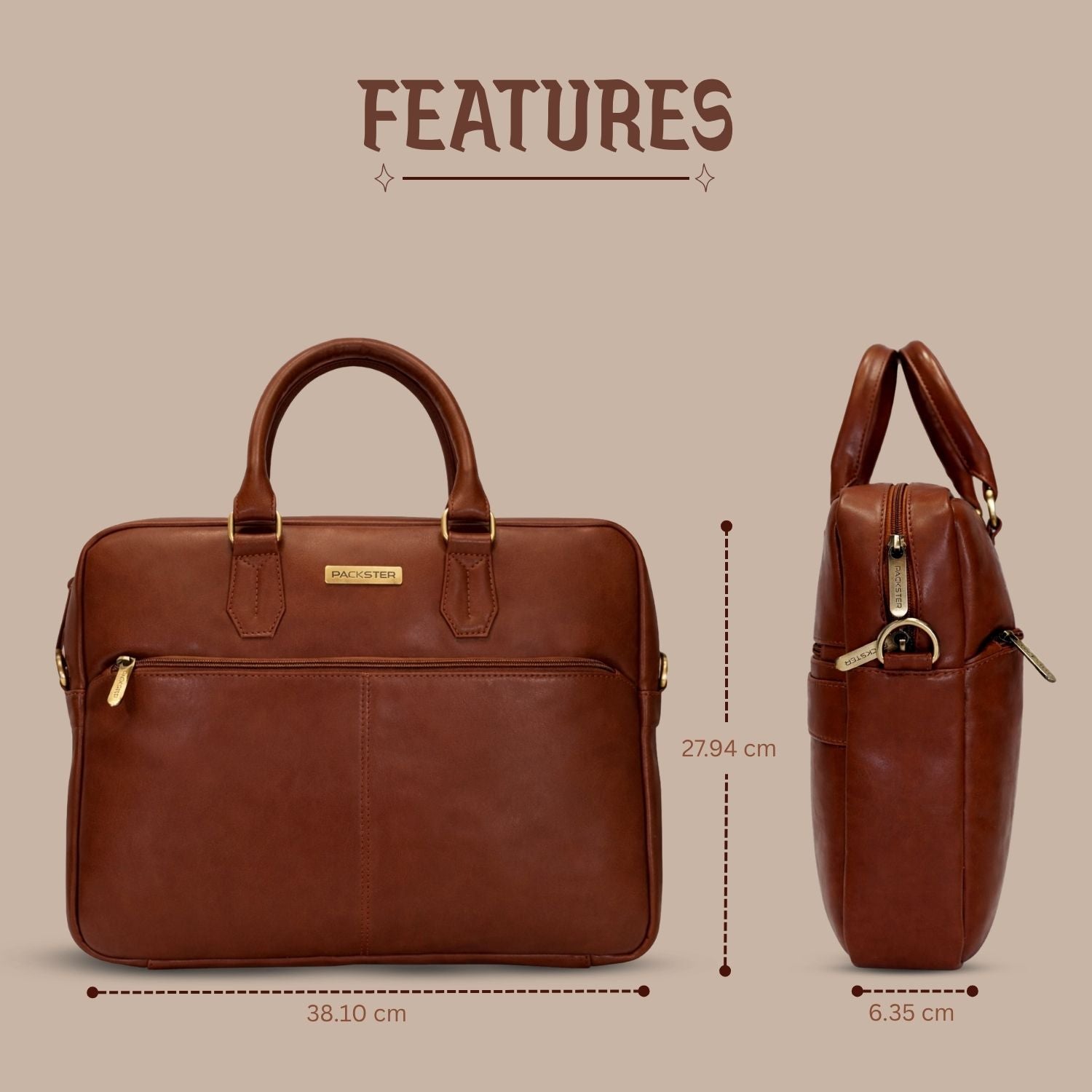 Packster Tan Laptop Messenger Bag for Men | Premium Vegan Leather Office Bag with 15.6 Inch Laptop Compartment, Trolley Sleeve & Organizer