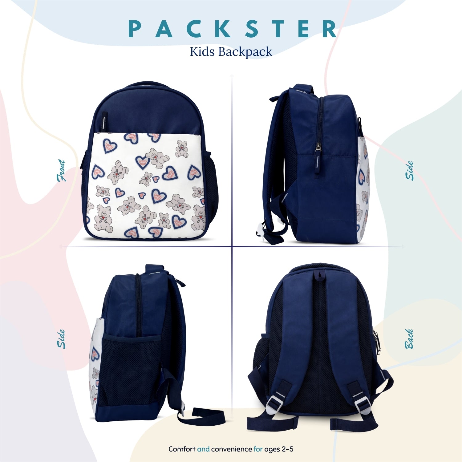 Packster PRE-Bear Blue 9L Toddler Backpack | Knit Twill Polyester | Water-Resistant Kids School Bag | Padded Back | Bottle Holder | Adjustable Straps | School bag for kids 3-5 Years