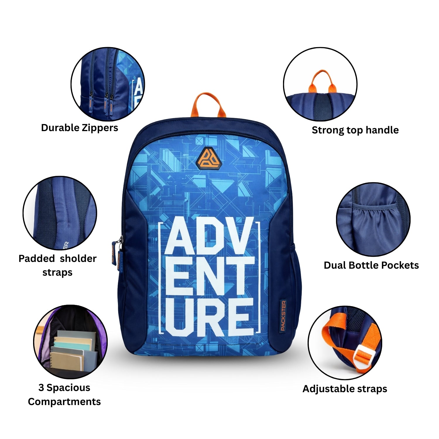 Packster Adventure Blue 36L Laptop Backpack for Students | Triple Compartment, Organizer Pockets, Water-Resistant School & Travel Bag