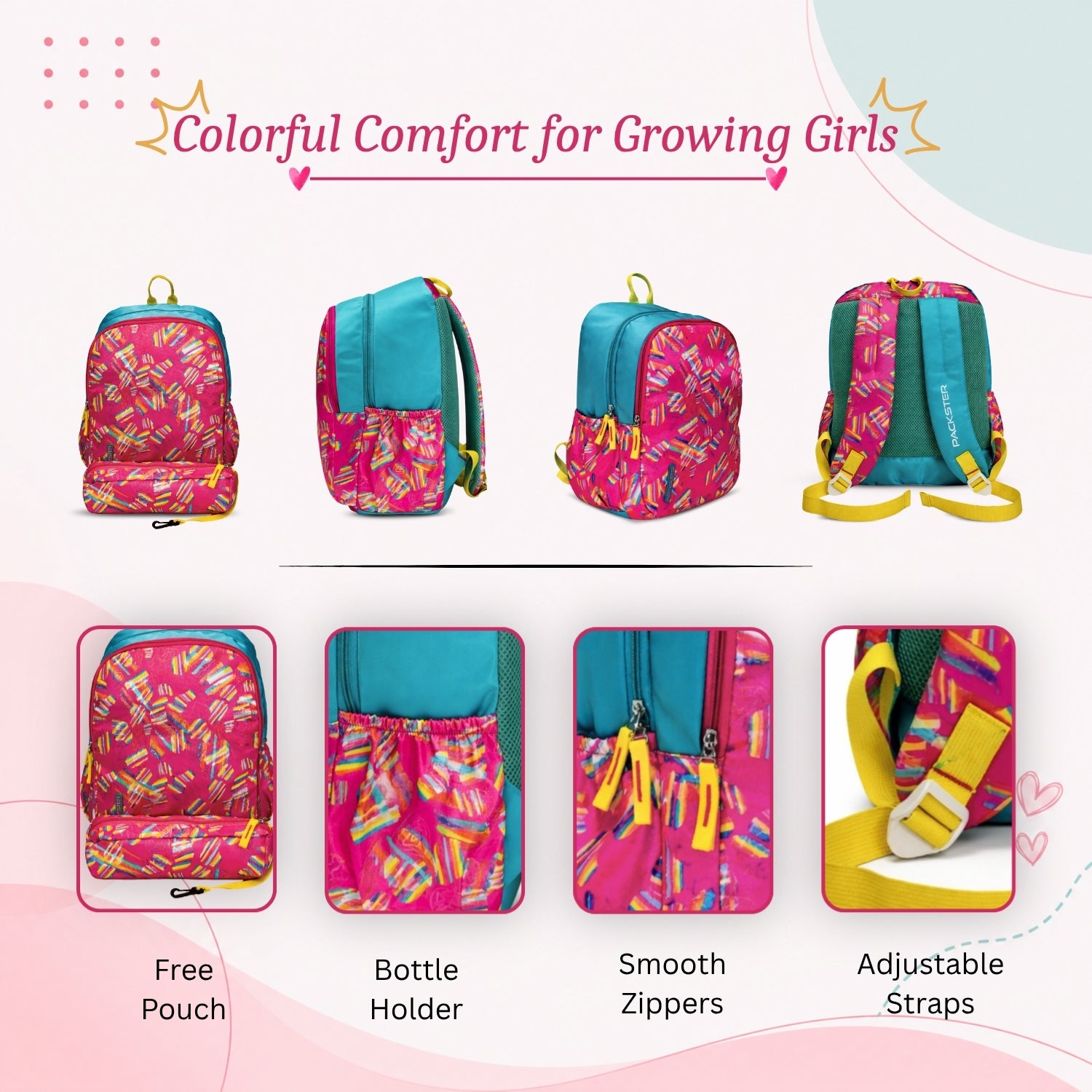 Packster Boomer Girls School Backpack 23L (Age 4–6) | Dual                    Compartment Kids Bag with Utility Organizer, Pencil Pouch | Water Resistant Lightweight School Bag