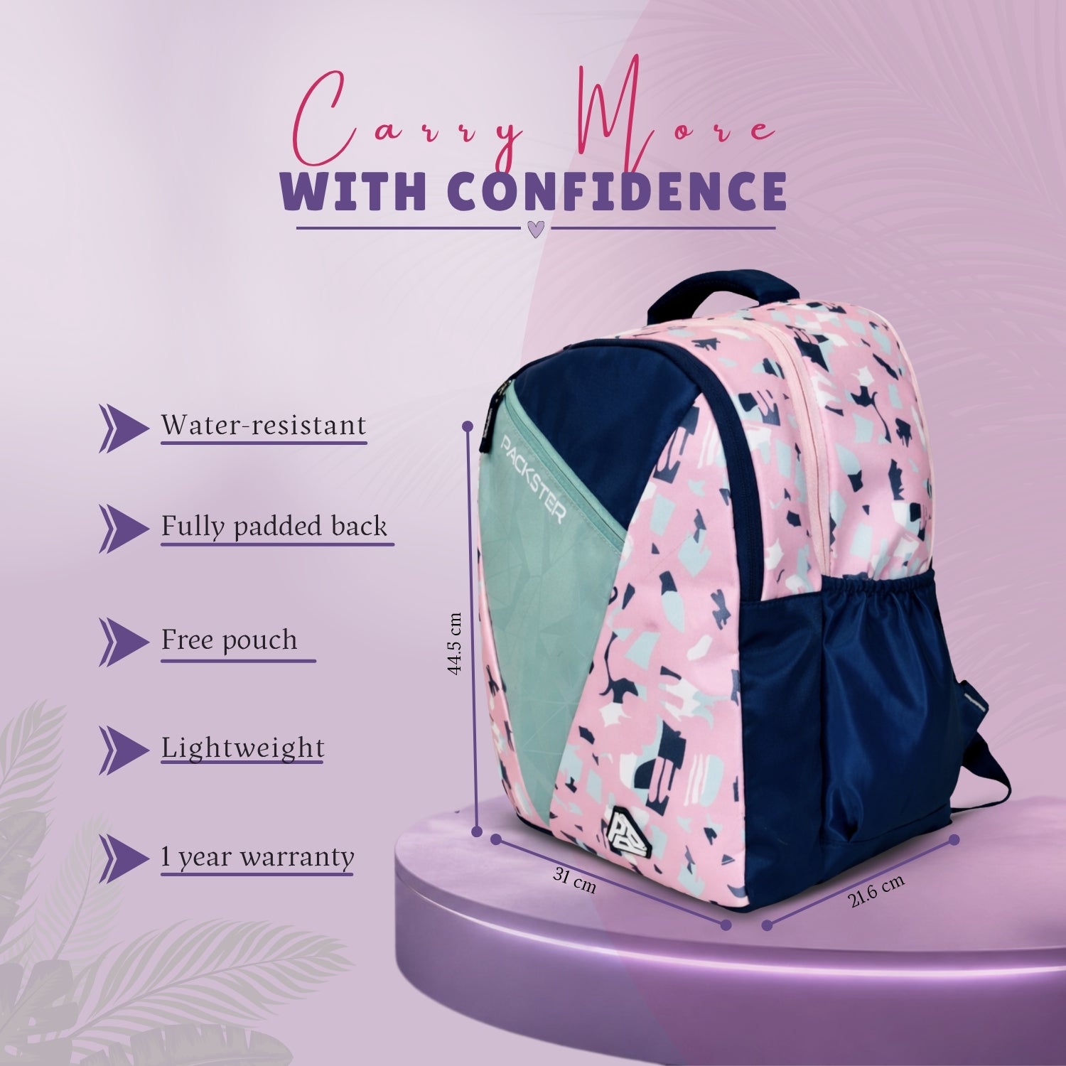 Packster BTS Abstract 30L Girls School Bag | Triple Compartment with Laptop Organizer & Utility Pocket | Water Resistant Lightweight with Pencil Pouch | Age 8–18 Years (Pink Navy)