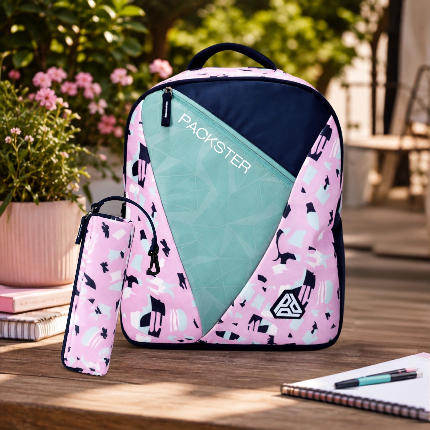 Packster BTS Abstract 30L Girls School Bag | Triple Compartment with Laptop Organizer & Utility Pocket | Water Resistant Lightweight with Pencil Pouch | Age 8–18 Years (Pink Navy)