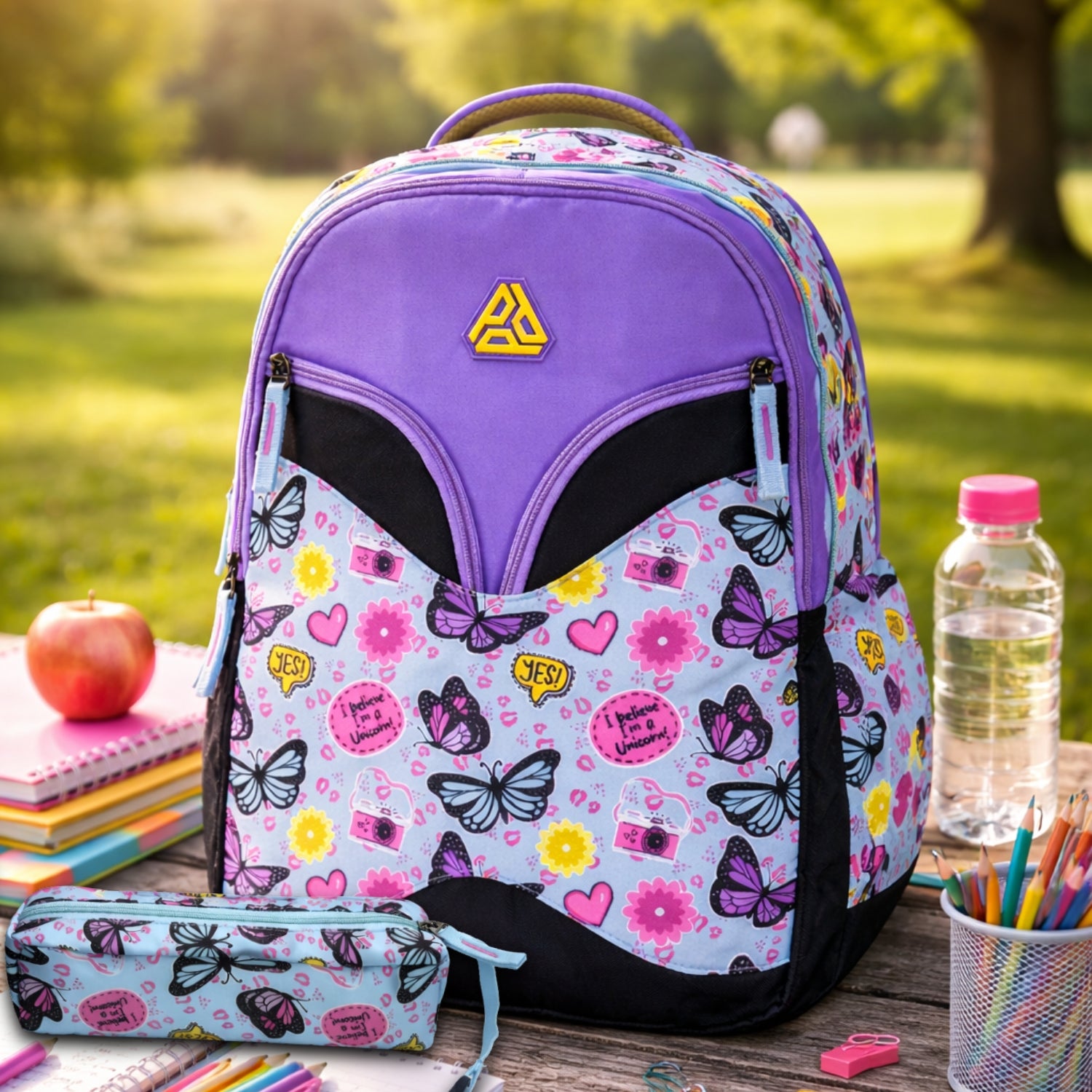 Packster Butterfly School Bags For Girls | 3 Compartments Kids Backpack With stationery Pouch | Water-Registant | Lightweight | Sky Blue Butterfly Design