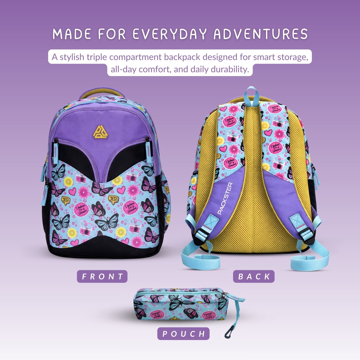 Packster Butterfly School Bags For Girls | 3 Compartments Kids Backpack With stationery Pouch | Water-Registant | Lightweight | Sky Blue Butterfly Design