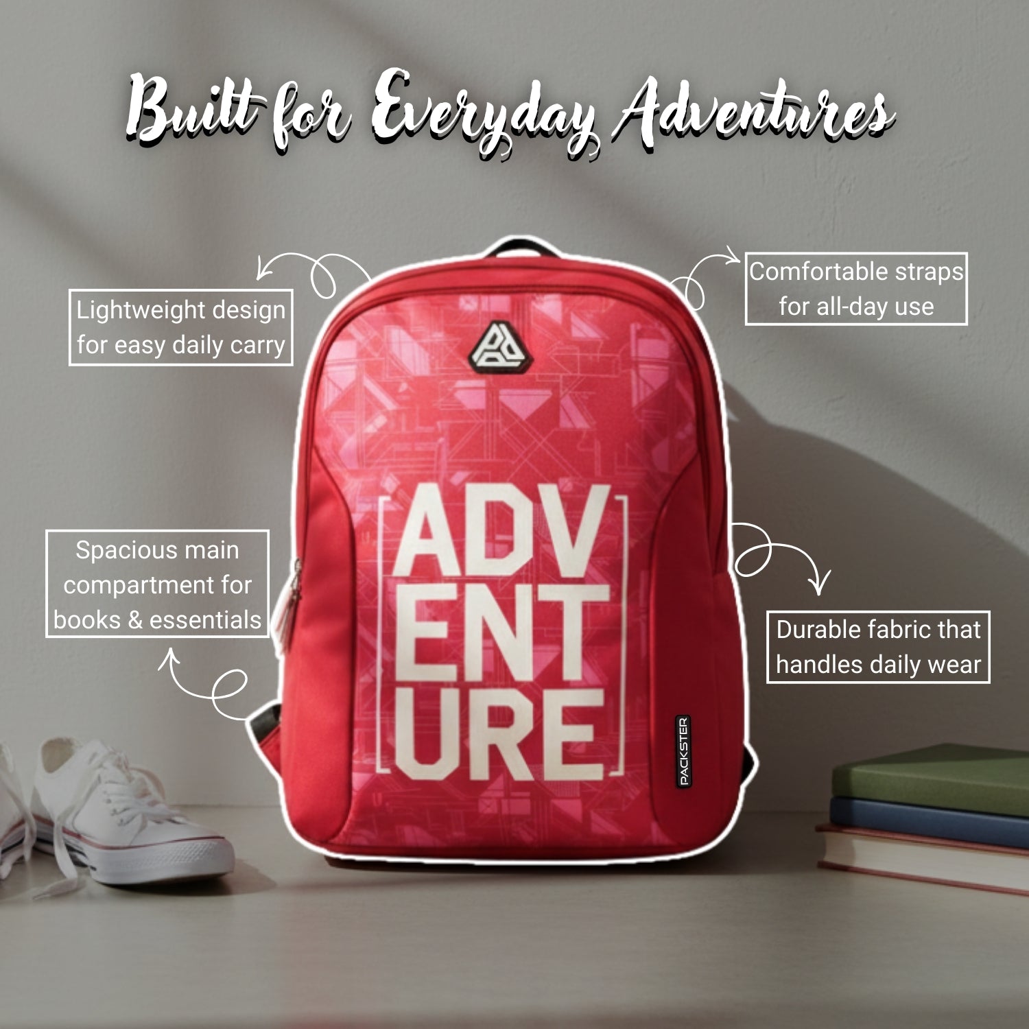 Packster Adventure red 36L Laptop Backpack for Students | Triple Compartment, Organizer Pockets, Water-Resistant School & Travel Bag