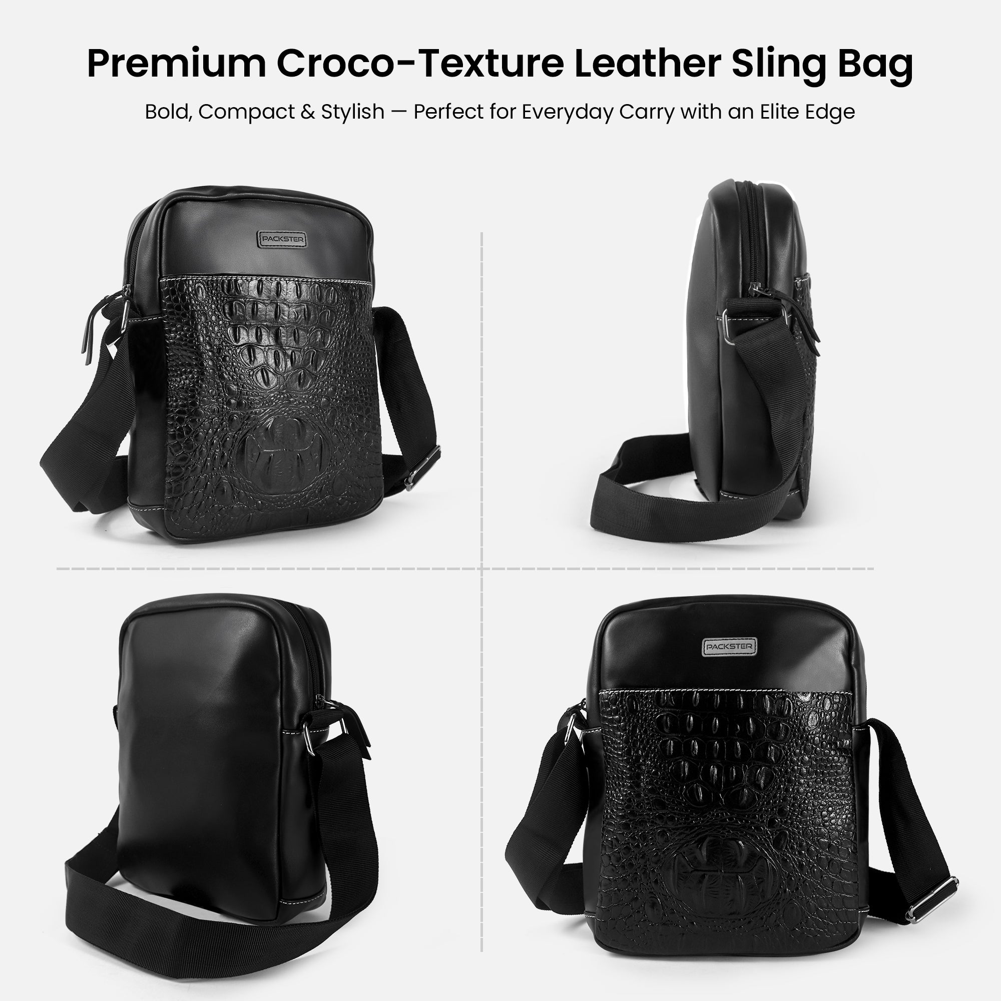 Sling Compact Crossbody Sling Bag | Croco Texture & Contrast Stitch
