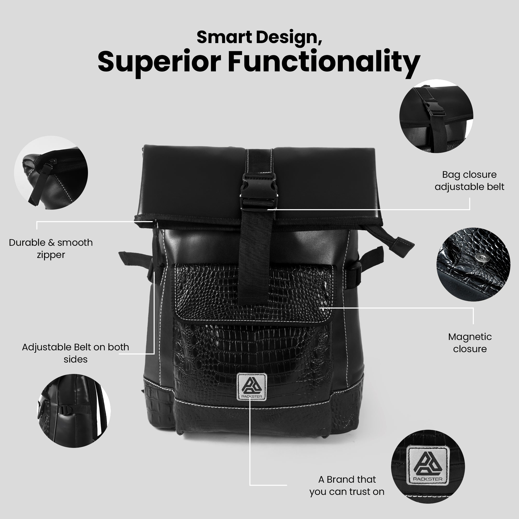Flat Top  Backpack | Dual-Compartment Croco-Embossed Design