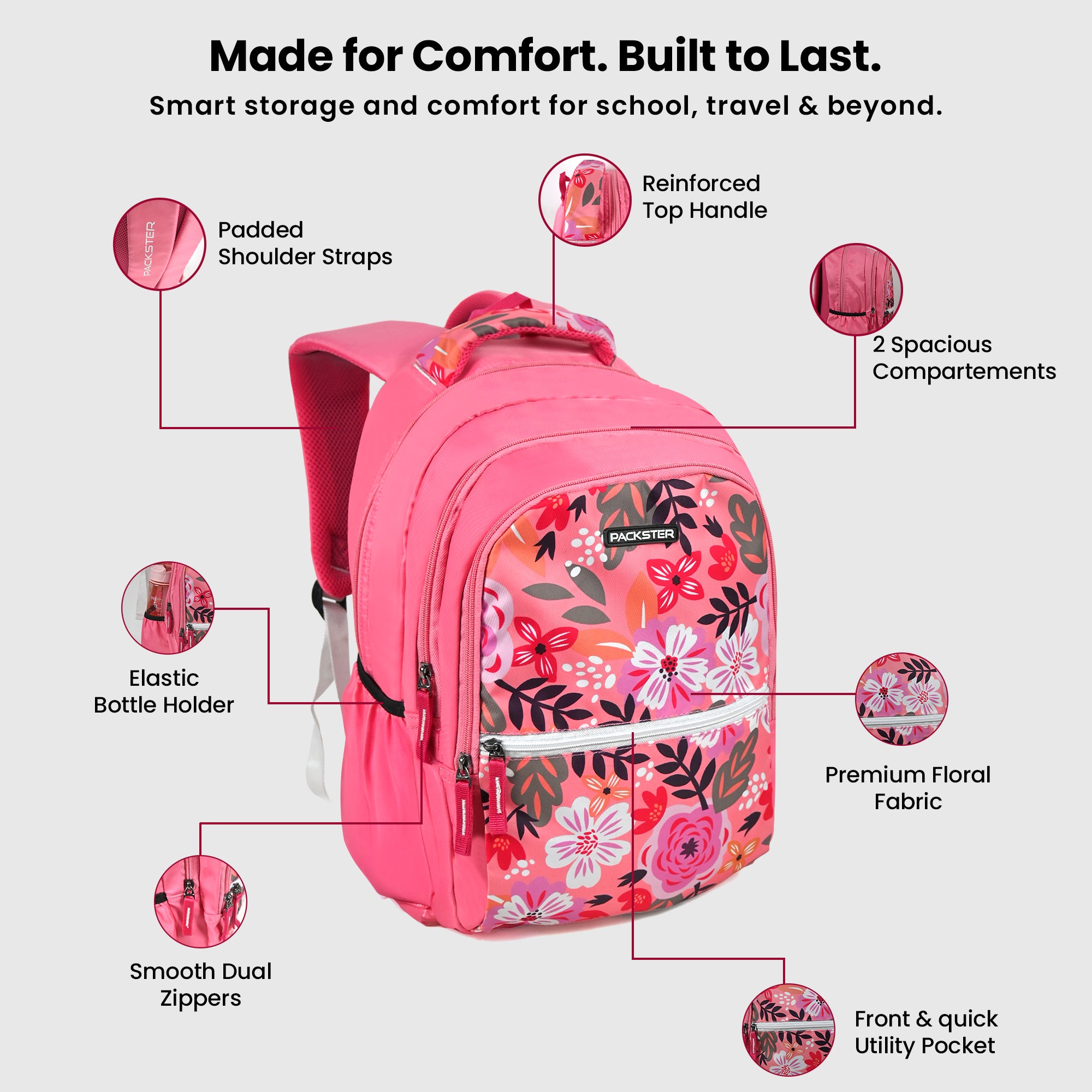 Packster BTS Series – Bloom Fiery Rose Pink School Backpack | 21L Water-Resistant Lightweight Bag for Girls