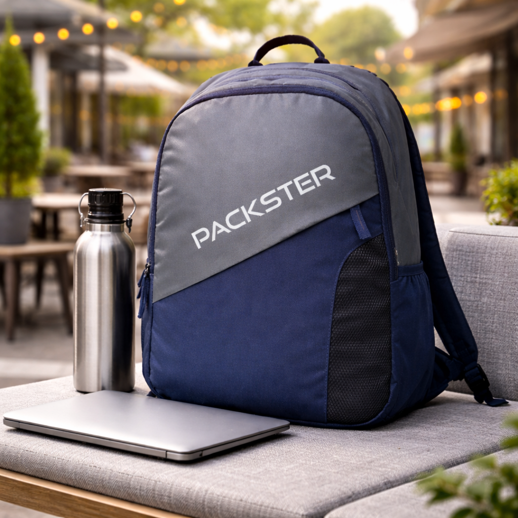 Packster BTC Horizon 35L Casual Laptop Backpack for Men & Women | Water-Resistant | Triple Compartment | Lightweight Durable College, Travel & Daily Use Bag with Bottle Holders (Smoke/Navy)