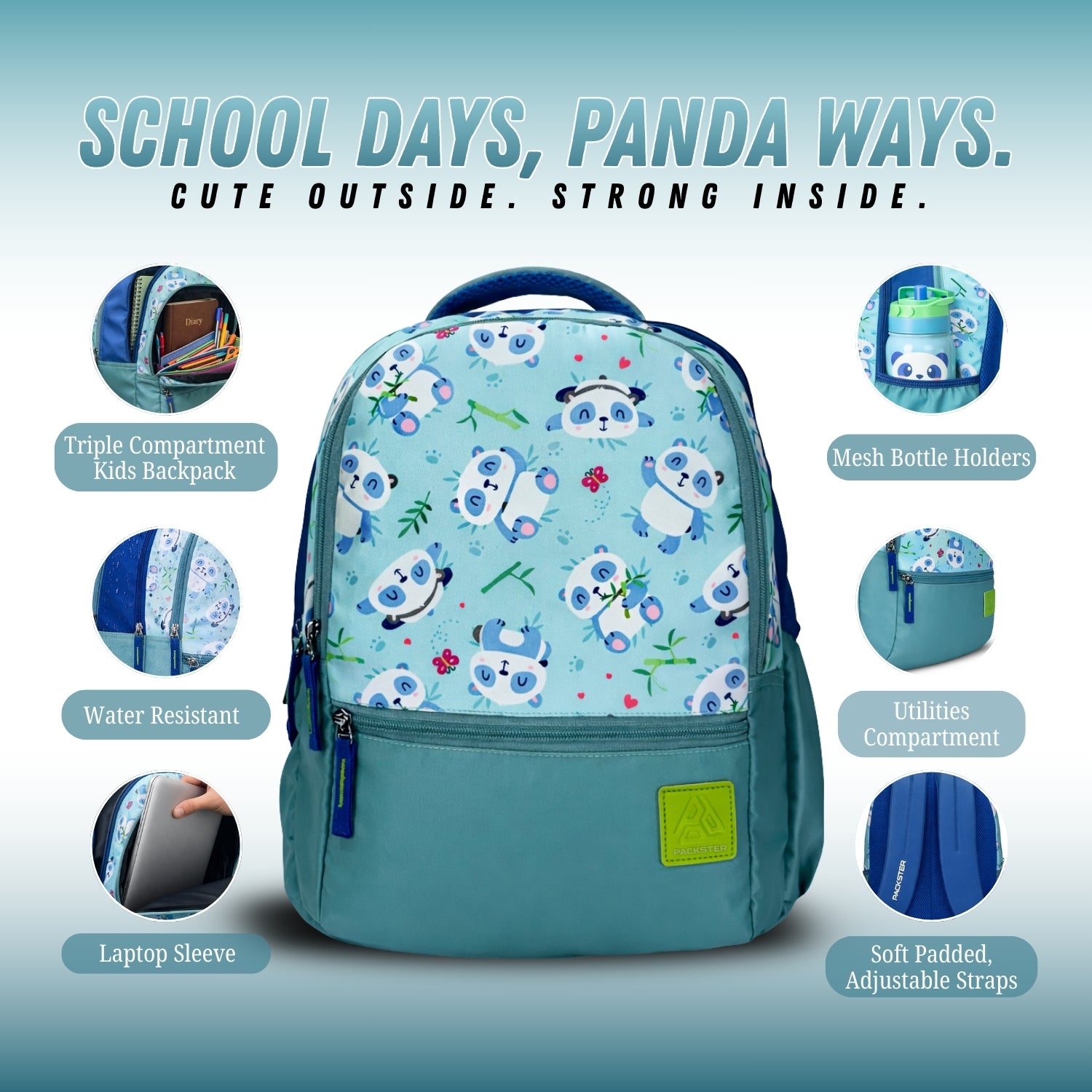 Packster Panda 18L Kids School Bags | 3 Compartments | Lightweight School Bag for Boys & Girls | Water-Resistant | Teal Panda Design