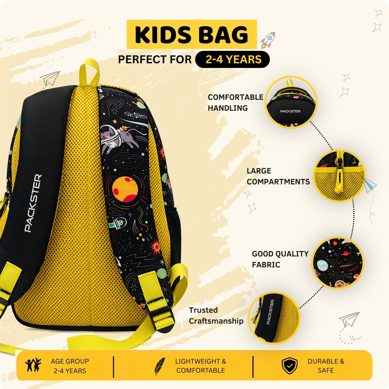 Packster SMALL-SPACE 9L Toddler Backpack Black Yellow | Space Print Kids School Bag | Lightweight Water-Resistant | Bottle Holder | 2–5 Years