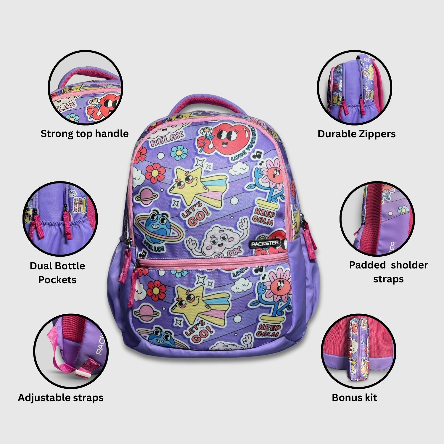 Packster kids Lavender School Backpack 35L | With Pencil Case, Water-Resistant, Triple Compartment.